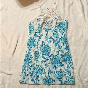lilly pulitzer dress size 8 blue and white With Lace High Neck Floral